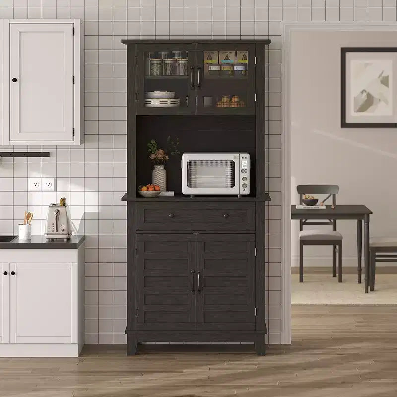Meuble de rangement haut de cuisine de 183 cm, armoire de cuisine avec support pour micro-ondes, buffet avec tiroirs et portes vitrées pour salle à manger