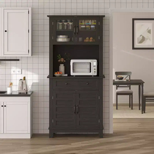 Meuble de rangement haut de cuisine de 183 cm, armoire de cuisine avec support pour micro-ondes, buffet avec tiroirs et portes vitrées pour salle à manger