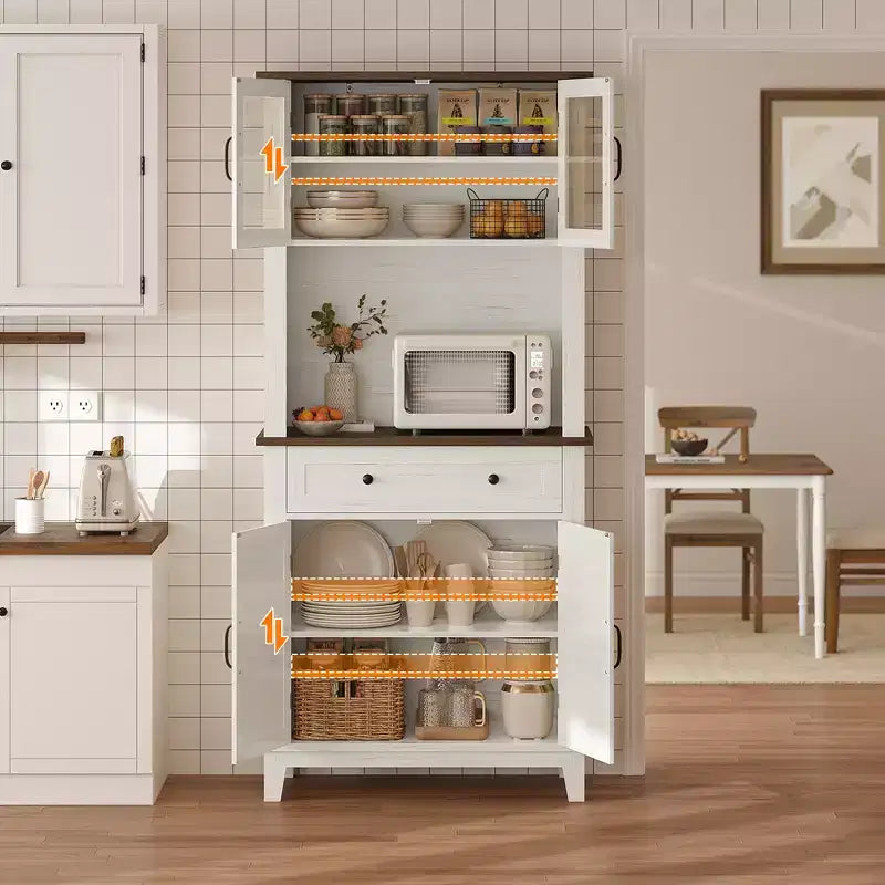 Meuble de rangement haut de cuisine de 183 cm, armoire de cuisine avec support pour micro-ondes, buffet avec tiroirs et portes vitrées pour salle à manger