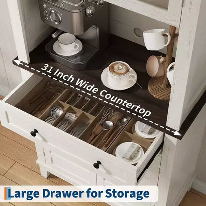 Meuble de rangement haut de cuisine de 183 cm, armoire de cuisine avec support pour micro-ondes, buffet avec tiroirs et portes vitrées pour salle à manger
