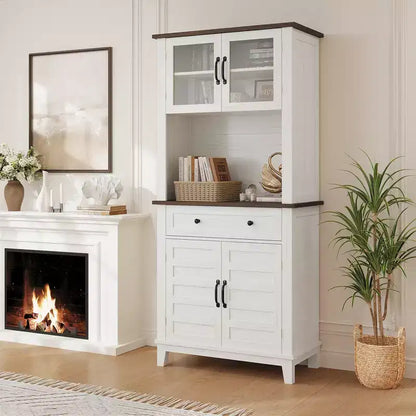 Meuble de rangement haut de cuisine de 183 cm, armoire de cuisine avec support pour micro-ondes, buffet avec tiroirs et portes vitrées pour salle à manger