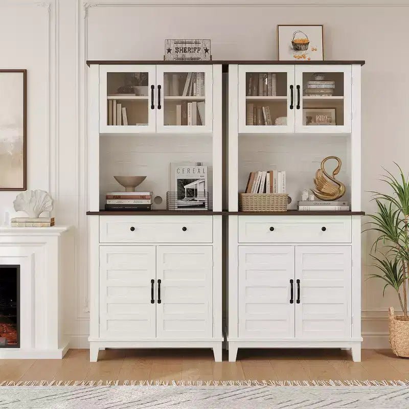 Meuble de rangement haut de cuisine de 183 cm, armoire de cuisine avec support pour micro-ondes, buffet avec tiroirs et portes vitrées pour salle à manger