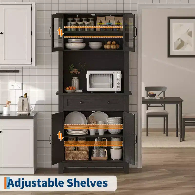 Meuble de rangement haut de cuisine de 183 cm, armoire de cuisine avec support pour micro-ondes, buffet avec tiroirs et portes vitrées pour salle à manger