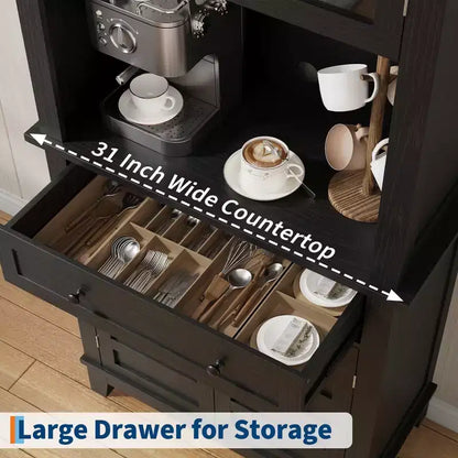Meuble de rangement haut de cuisine de 183 cm, armoire de cuisine avec support pour micro-ondes, buffet avec tiroirs et portes vitrées pour salle à manger