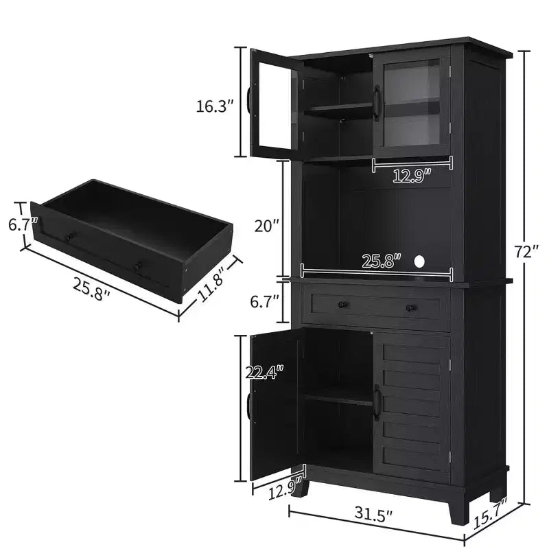 Meuble de rangement haut de cuisine de 183 cm, armoire de cuisine avec support pour micro-ondes, buffet avec tiroirs et portes vitrées pour salle à manger