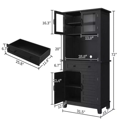 Meuble de rangement haut de cuisine de 183 cm, armoire de cuisine avec support pour micro-ondes, buffet avec tiroirs et portes vitrées pour salle à manger