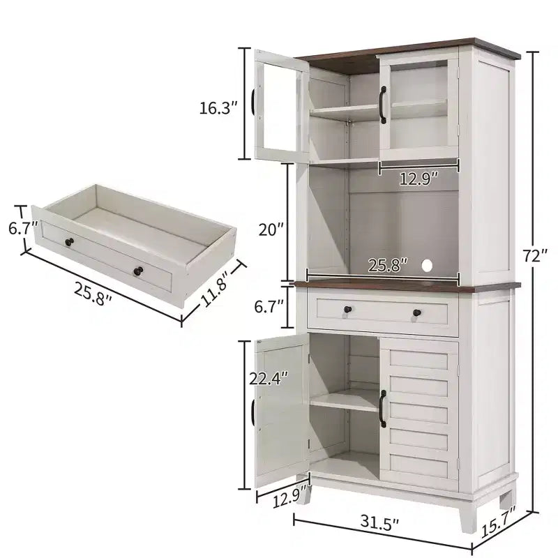 Meuble de rangement haut de cuisine de 183 cm, armoire de cuisine avec support pour micro-ondes, buffet avec tiroirs et portes vitrées pour salle à manger