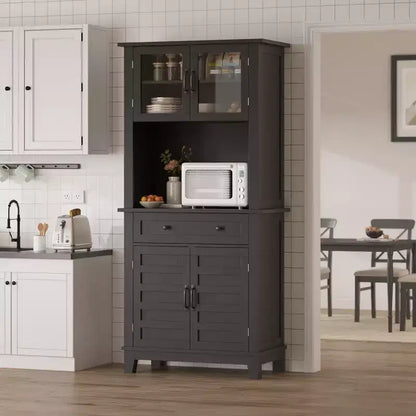 72 in Tall Kitchen Pantry Cabinet, Kitchen Hutch Bar Cabinet with Microwave Stand, Cupboard with Drawers Glass Doors for Dining Room