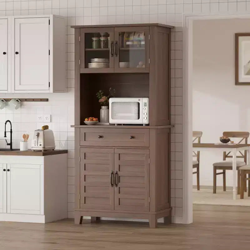 Meuble de rangement haut de cuisine de 183 cm, armoire de cuisine avec support pour micro-ondes, buffet avec tiroirs et portes vitrées pour salle à manger