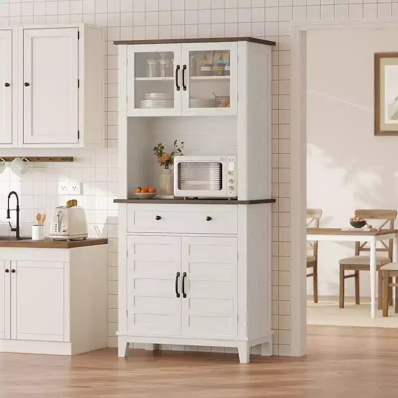 Meuble de rangement haut de cuisine de 183 cm, armoire de cuisine avec support pour micro-ondes, buffet avec tiroirs et portes vitrées pour salle à manger