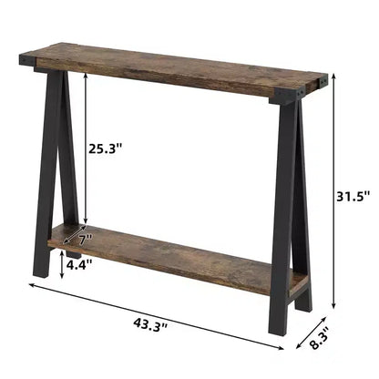 Console 2 niveaux avec rangement, Table d'entrée de style rustique 110 cm avec cadre en métal et MDF, Table basse étroite derrière le canapé pour le salon