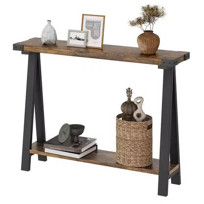 Console 2 niveaux avec rangement, Table d'entrée de style rustique 110 cm avec cadre en métal et MDF, Table basse étroite derrière le canapé pour le salon