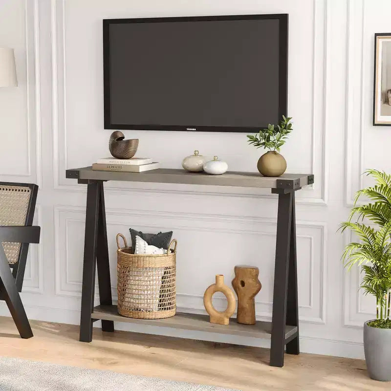 Console 2 niveaux avec rangement, Table d'entrée de style rustique 110 cm avec cadre en métal et MDF, Table basse étroite derrière le canapé pour le salon