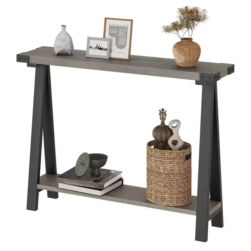 Console 2 niveaux avec rangement, Table d'entrée de style rustique 110 cm avec cadre en métal et MDF, Table basse étroite derrière le canapé pour le salon