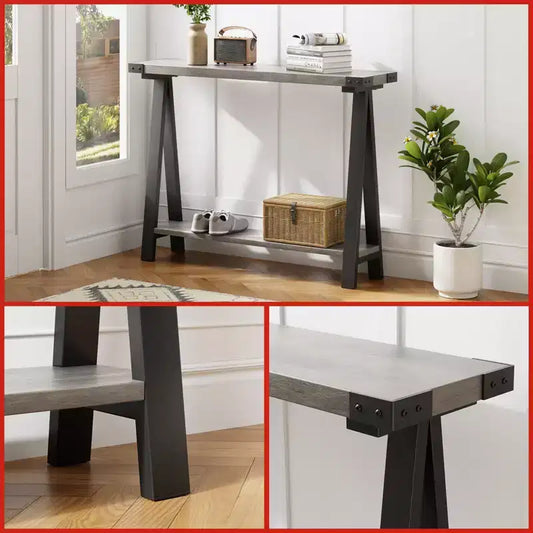 Console 2 niveaux avec rangement, Table d'entrée de style rustique 110 cm avec cadre en métal et MDF, Table basse étroite derrière le canapé pour le salon