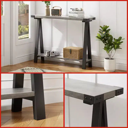 Console 2 niveaux avec rangement, Table d'entrée de style rustique 110 cm avec cadre en métal et MDF, Table basse étroite derrière le canapé pour le salon