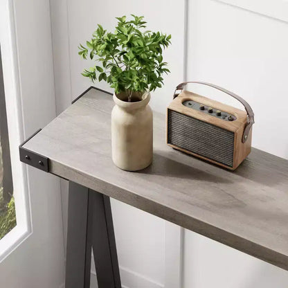 Console 2 niveaux avec rangement, Table d'entrée de style rustique 110 cm avec cadre en métal et MDF, Table basse étroite derrière le canapé pour le salon