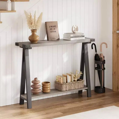Console 2 niveaux avec rangement, Table d'entrée de style rustique 110 cm avec cadre en métal et MDF, Table basse étroite derrière le canapé pour le salon
