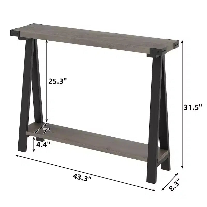 Console 2 niveaux avec rangement, Table d'entrée de style rustique 110 cm avec cadre en métal et MDF, Table basse étroite derrière le canapé pour le salon