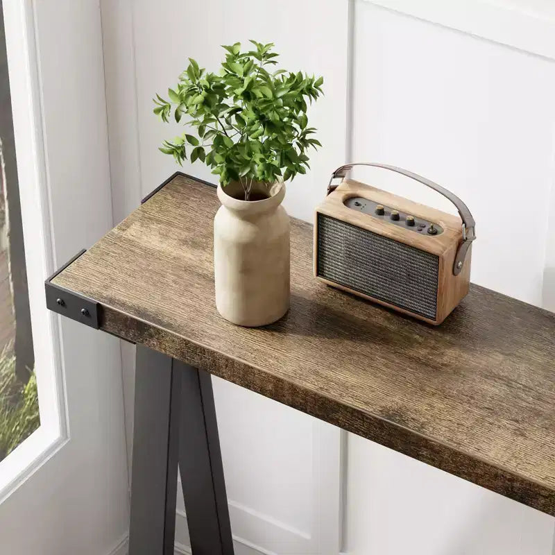 Console 2 niveaux avec rangement, Table d'entrée de style rustique 110 cm avec cadre en métal et MDF, Table basse étroite derrière le canapé pour le salon