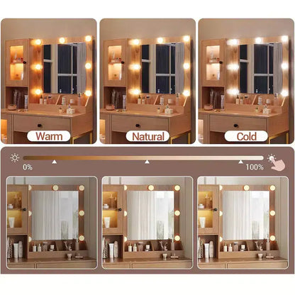 Coiffeuse avec miroir, Table de maquillage avec pieds en métal, Tiroirs de rangement et placards pour chambre à coucher, salle de maquillage, vestiaire