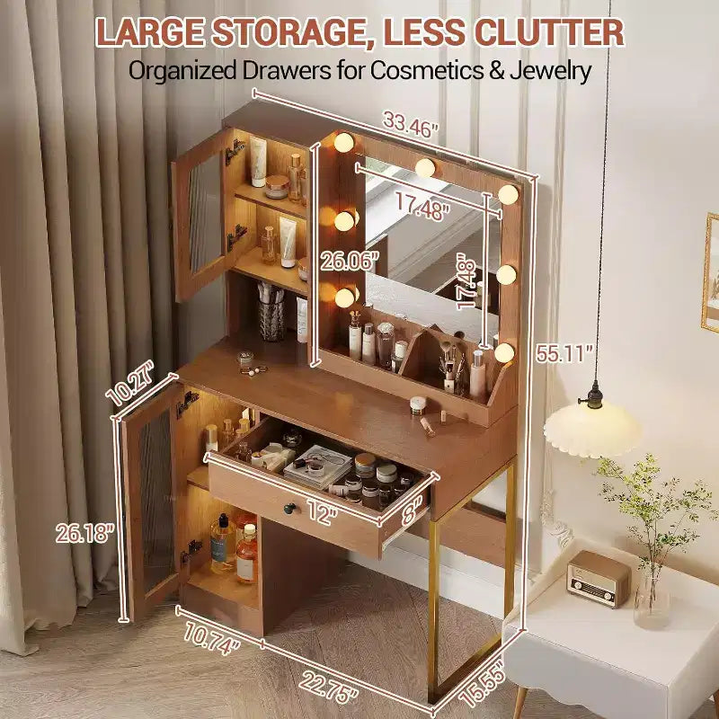Coiffeuse avec miroir, Table de maquillage avec pieds en métal, Tiroirs de rangement et placards pour chambre à coucher, salle de maquillage, vestiaire