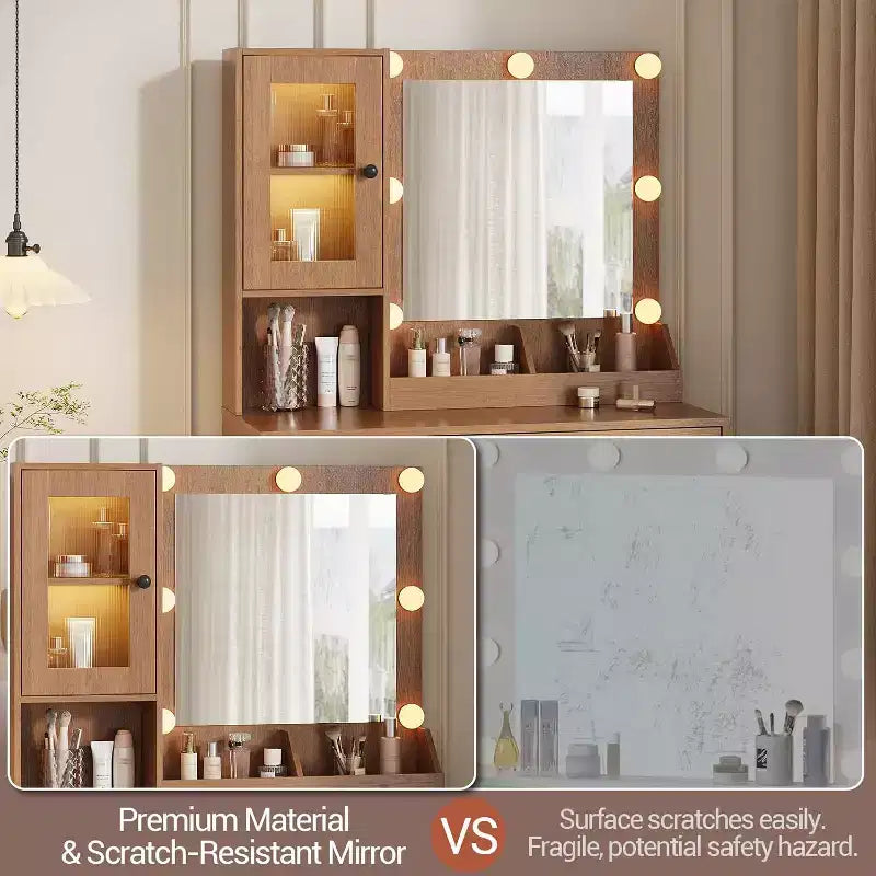 Coiffeuse avec miroir, Table de maquillage avec pieds en métal, Tiroirs de rangement et placards pour chambre à coucher, salle de maquillage, vestiaire