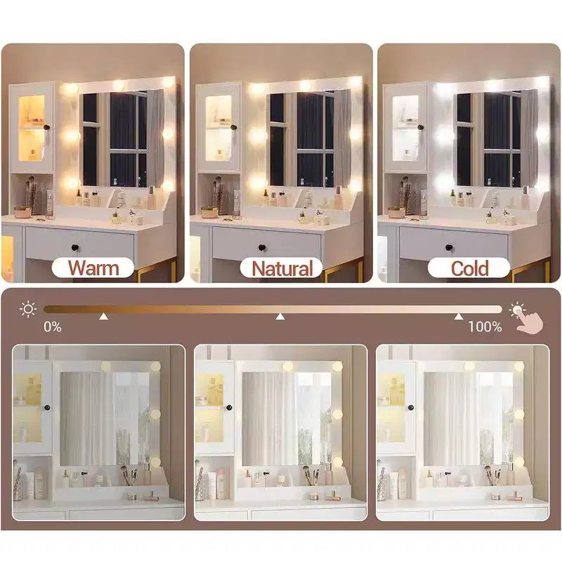 Coiffeuse avec miroir, Table de maquillage avec pieds en métal, Tiroirs de rangement et placards pour chambre à coucher, salle de maquillage, vestiaire