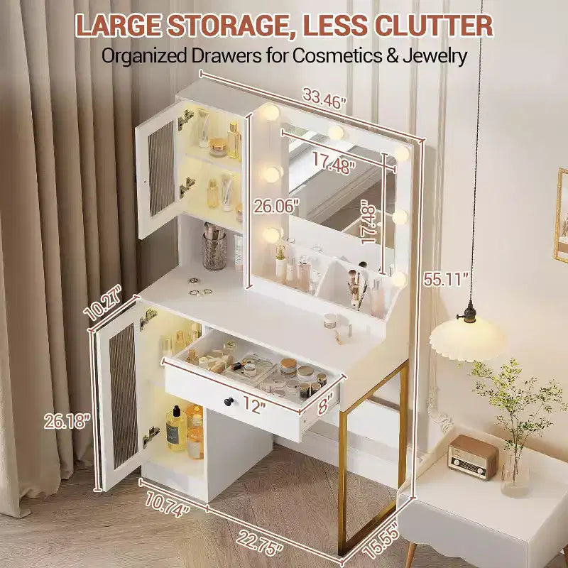 Coiffeuse avec miroir, Table de maquillage avec pieds en métal, Tiroirs de rangement et placards pour chambre à coucher, salle de maquillage, vestiaire
