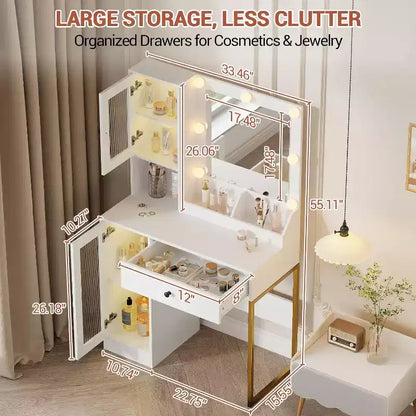 Coiffeuse avec miroir, Table de maquillage avec pieds en métal, Tiroirs de rangement et placards pour chambre à coucher, salle de maquillage, vestiaire
