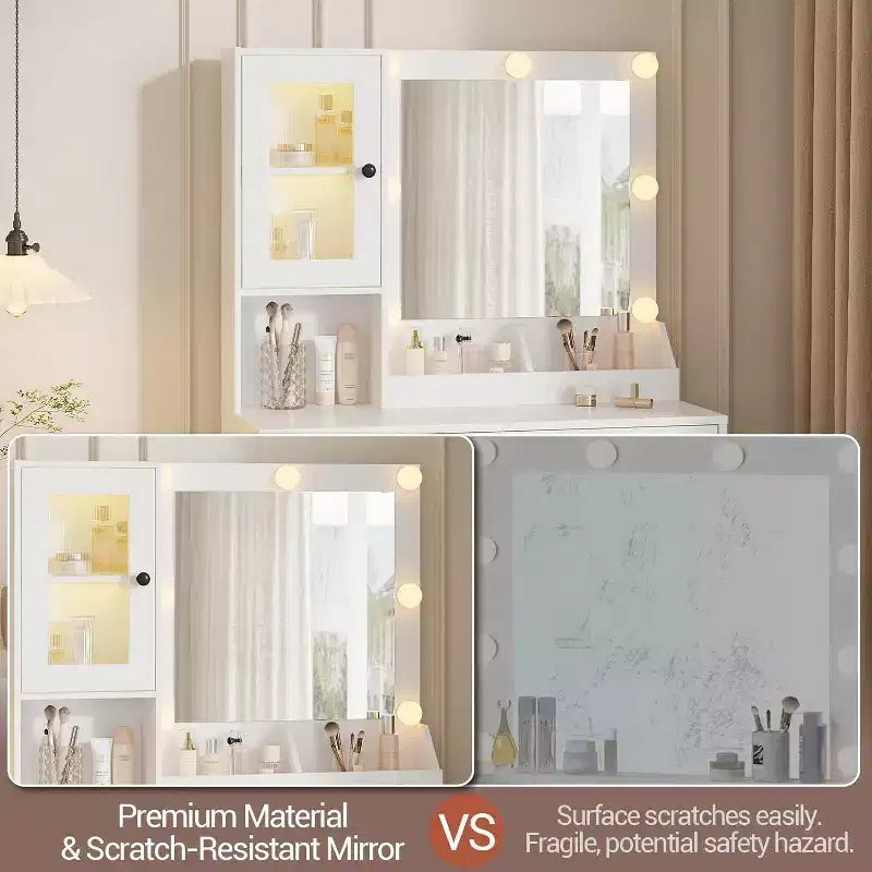 Coiffeuse avec miroir, Table de maquillage avec pieds en métal, Tiroirs de rangement et placards pour chambre à coucher, salle de maquillage, vestiaire