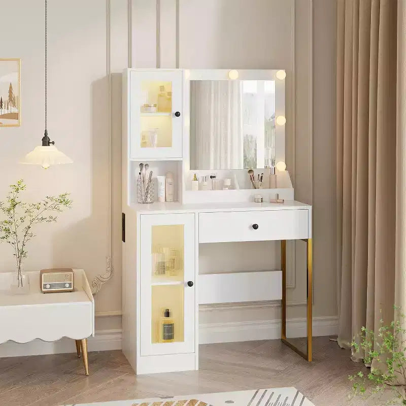 Coiffeuse avec miroir, Table de maquillage avec pieds en métal, Tiroirs de rangement et placards pour chambre à coucher, salle de maquillage, vestiaire