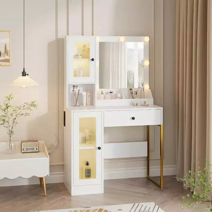 Coiffeuse avec miroir, Table de maquillage avec pieds en métal, Tiroirs de rangement et placards pour chambre à coucher, salle de maquillage, vestiaire