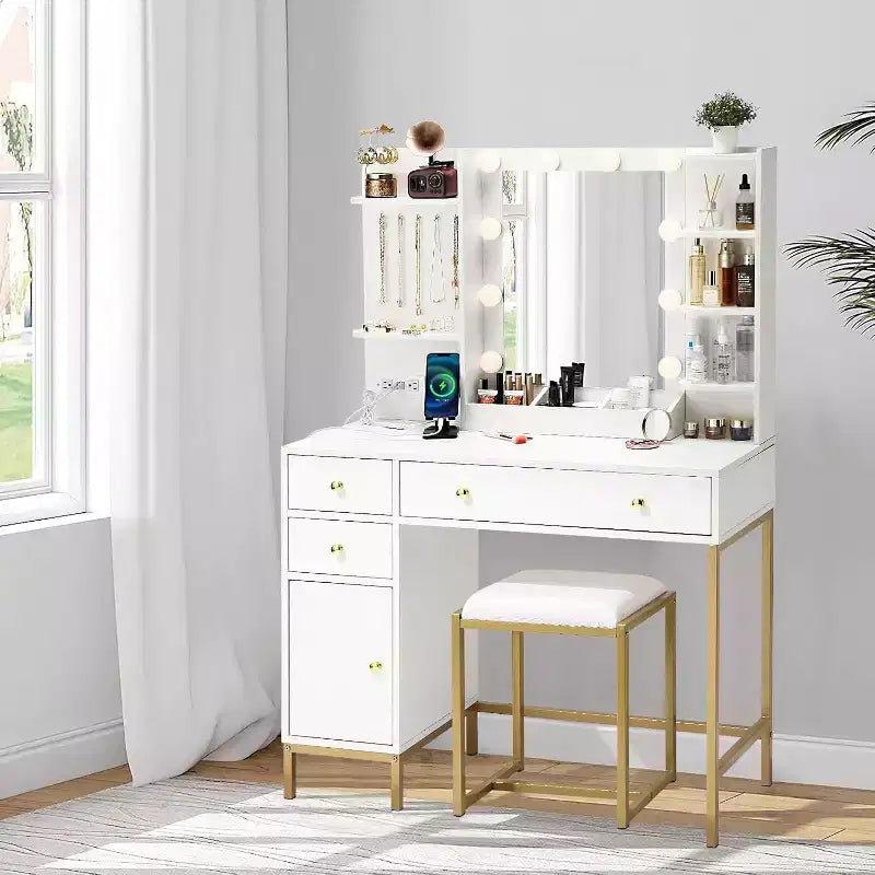 Coiffeuse avec miroir, ensemble de vanité moderne avec chaise, commode de maquillage avec tiroirs, meuble de rangement, étagères de rangement et crochets à bijoux
