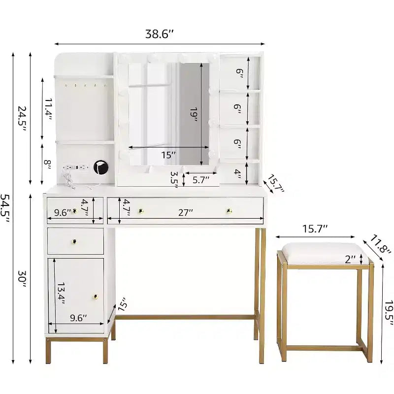 Coiffeuse avec miroir, ensemble de vanité moderne avec chaise, commode de maquillage avec tiroirs, meuble de rangement, étagères de rangement et crochets à bijoux