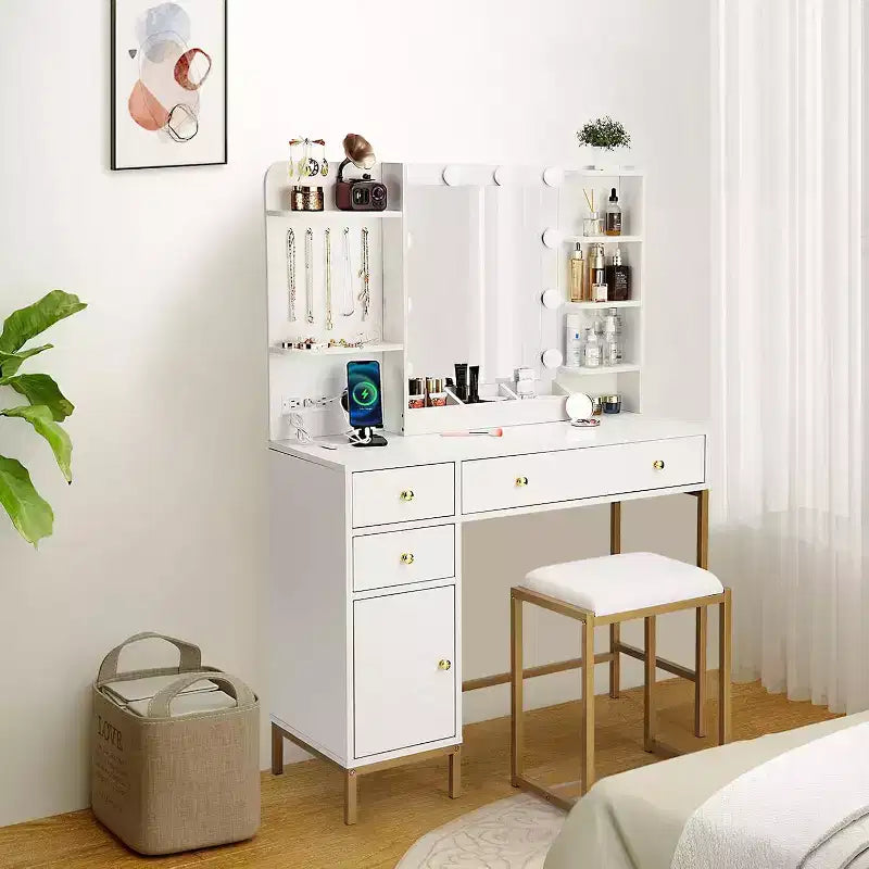 Coiffeuse avec miroir, ensemble de vanité moderne avec chaise, commode de maquillage avec tiroirs, meuble de rangement, étagères de rangement et crochets à bijoux
