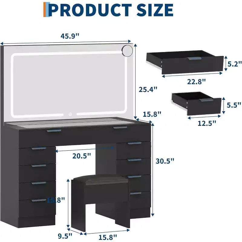 Coiffeuse moderne avec miroir, plateau en verre, miroir grossissant, support pour sèche-cheveux, 10 tiroirs et tabouret pour chambre à coucher, dressing