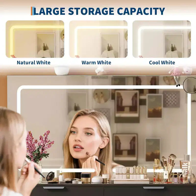 Coiffeuse moderne avec miroir, plateau en verre, miroir grossissant, support pour sèche-cheveux, 10 tiroirs et tabouret pour chambre à coucher, dressing