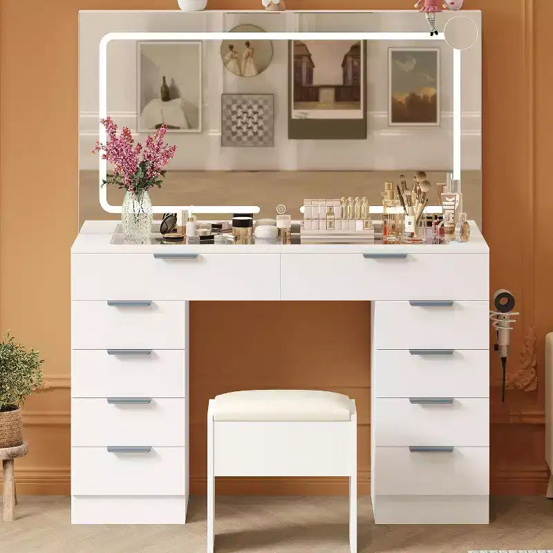 Coiffeuse moderne avec miroir, plateau en verre, miroir grossissant, support pour sèche-cheveux, 10 tiroirs et tabouret pour chambre à coucher, dressing