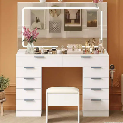 Coiffeuse moderne avec miroir, plateau en verre, miroir grossissant, support pour sèche-cheveux, 10 tiroirs et tabouret pour chambre à coucher, dressing