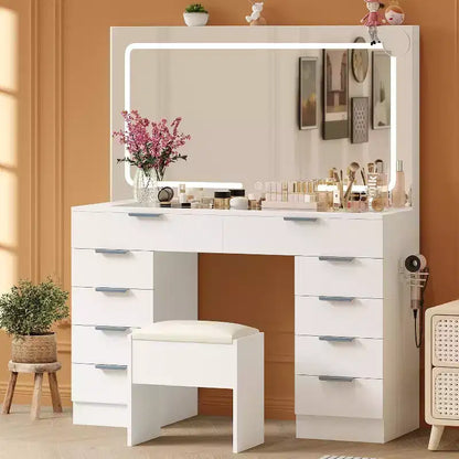 Coiffeuse moderne avec miroir, plateau en verre, miroir grossissant, support pour sèche-cheveux, 10 tiroirs et tabouret pour chambre à coucher, dressing