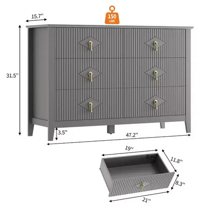Commode de chambre à trois tiroirs avec poignées métalliques, convenant comme meuble TV ou armoire de rangement en bois pour chambres, salons ou couloirs.