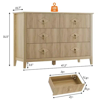 Commode de chambre à trois tiroirs avec poignées métalliques, convenant comme meuble TV ou armoire de rangement en bois pour chambres, salons ou couloirs.