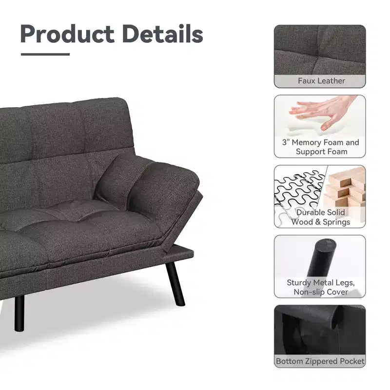 Dyonery 71 Canapé Futon Convertible, Canapé Futon Moderne en Lin avec Coussin Détachable, Dossier et Accoudoirs Réglables