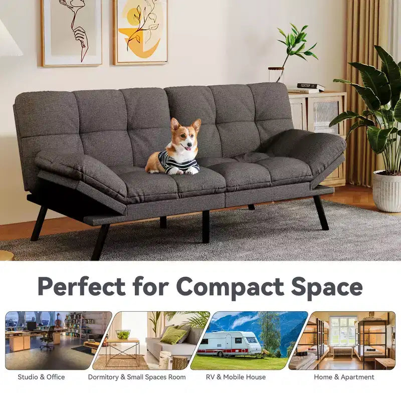 Dyonery 71 Canapé Futon Convertible, Canapé Futon Moderne en Lin avec Coussin Détachable, Dossier et Accoudoirs Réglables