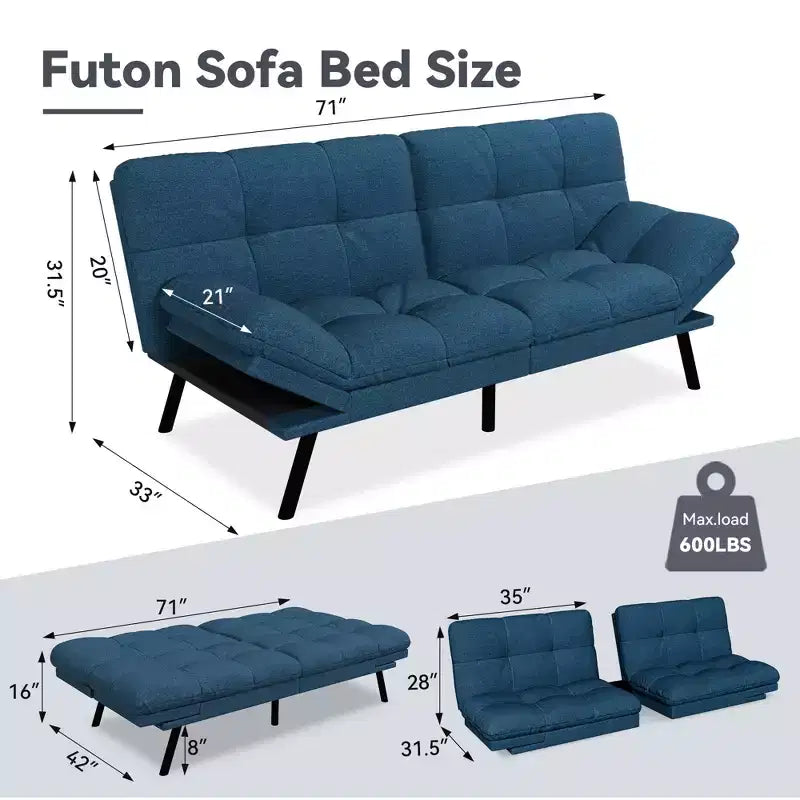 Dyonery 71 Canapé Futon Convertible, Canapé Futon Moderne en Lin avec Coussin Détachable, Dossier et Accoudoirs Réglables