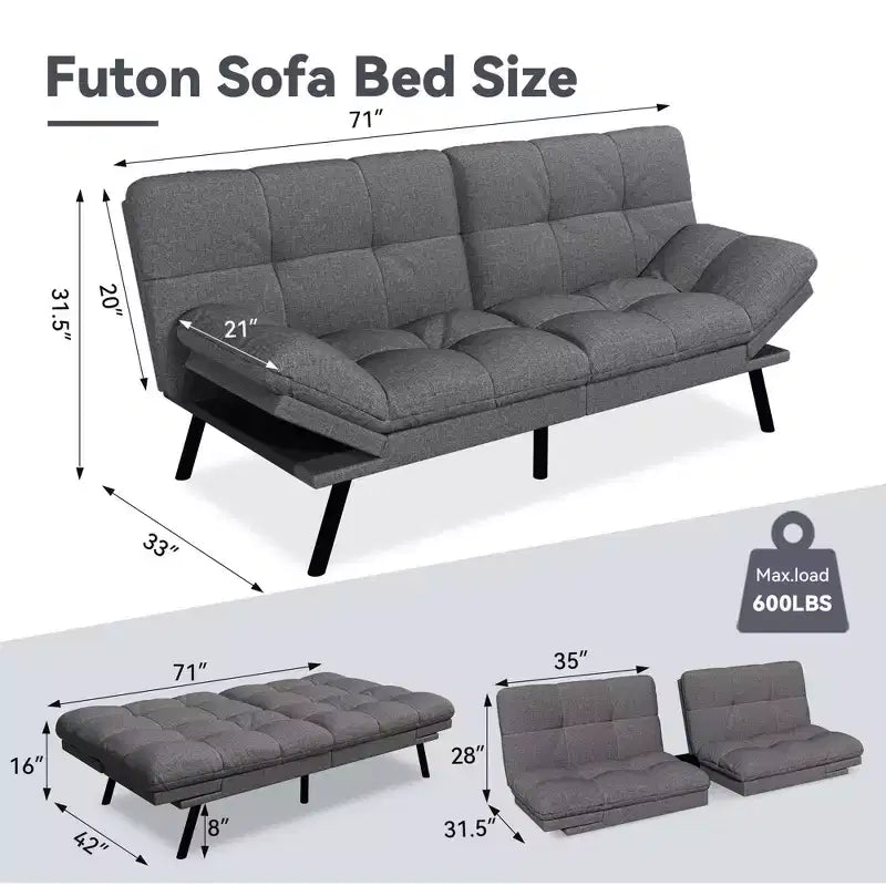 Dyonery 71 Canapé Futon Convertible, Canapé Futon Moderne en Lin avec Coussin Détachable, Dossier et Accoudoirs Réglables