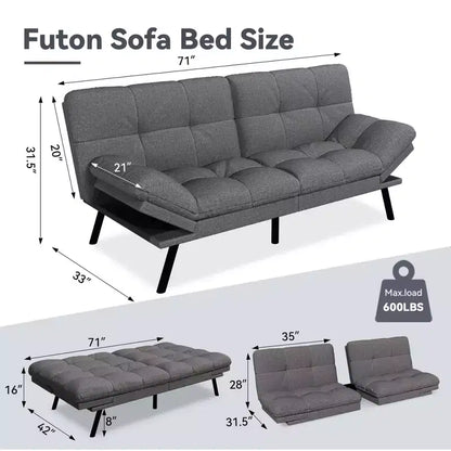 Dyonery 71 Canapé Futon Convertible, Canapé Futon Moderne en Lin avec Coussin Détachable, Dossier et Accoudoirs Réglables