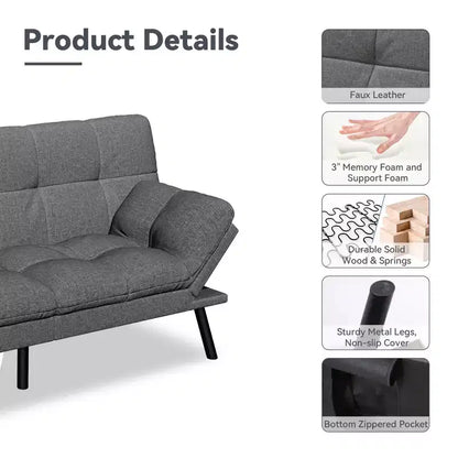 Dyonery 71 Canapé Futon Convertible, Canapé Futon Moderne en Lin avec Coussin Détachable, Dossier et Accoudoirs Réglables