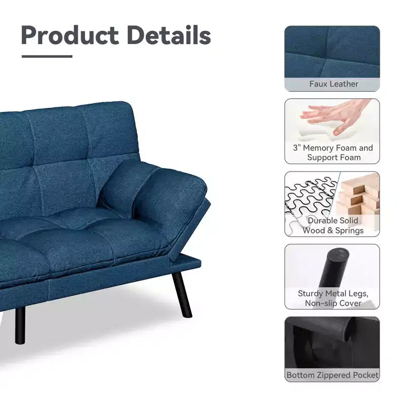 Dyonery 71 Canapé Futon Convertible, Canapé Futon Moderne en Lin avec Coussin Détachable, Dossier et Accoudoirs Réglables